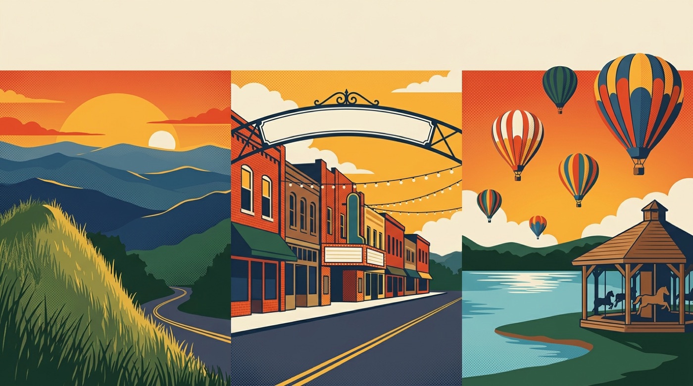 Illustrated collage of the Tri-Cities — Blue Ridge mountains, a vintage downtown main street, a carousel and Fun Fest hot-air balloons over a lake