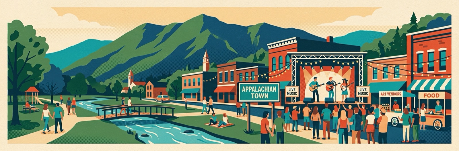 Illustrated Johnson City — green mountain ridge, downtown, a creek and a live-music festival