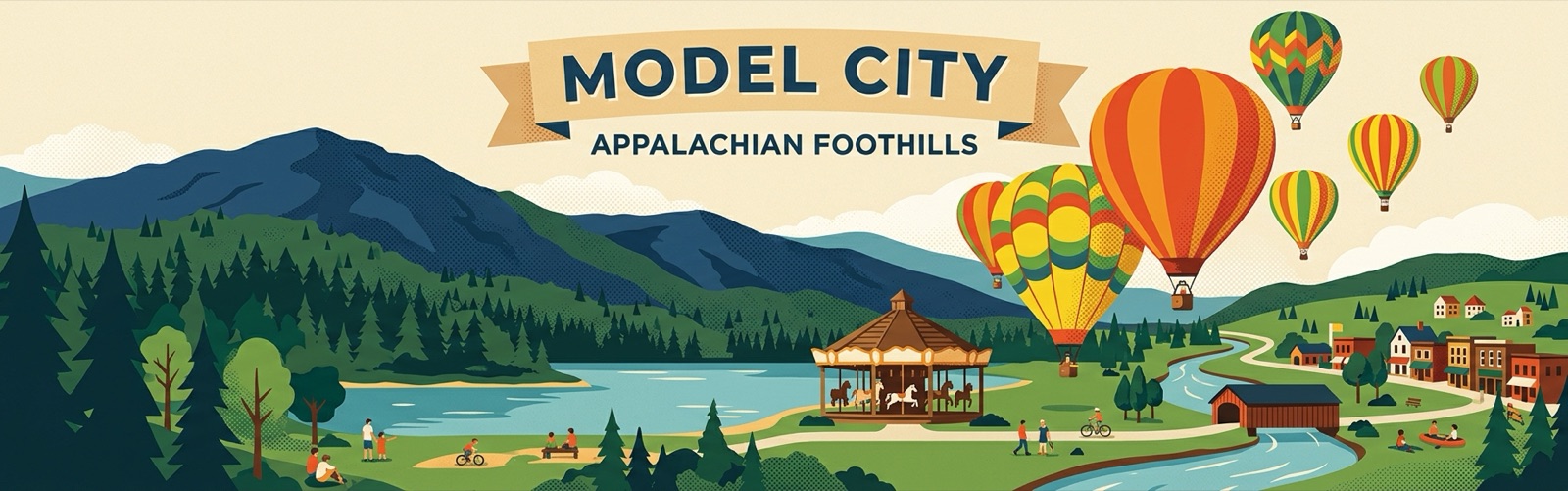 Illustrated Kingsport — Bays Mountain, lake, carousel and Fun Fest hot-air balloons
